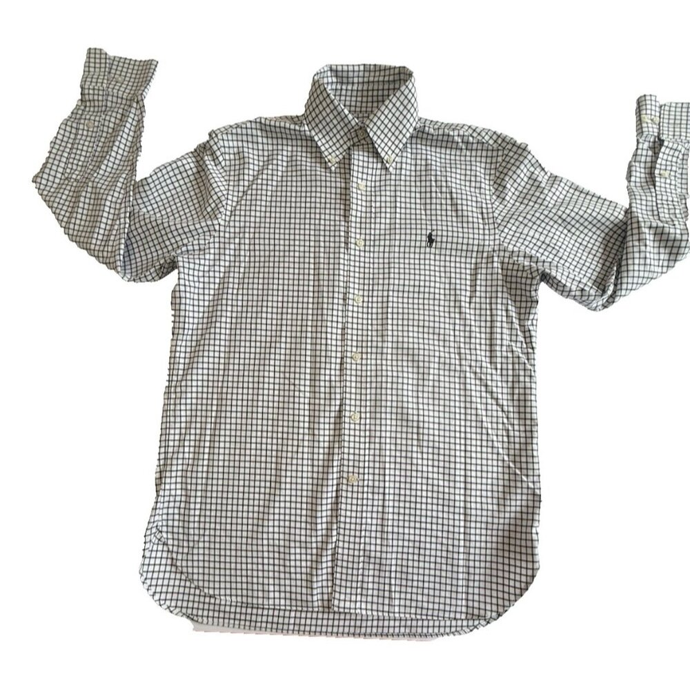 Ralph Lauren Mens 15.5 32/33 Button Down Dress Shirt White Black Check Easy Care